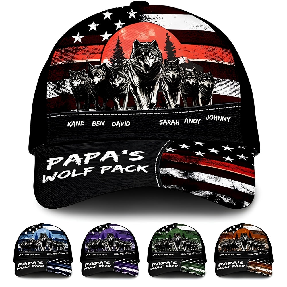Papa's Wolf Pack Custom Kid Names Wolf Baseball Cap For Dad, Custom Wolf Father's Day Hat CP0460