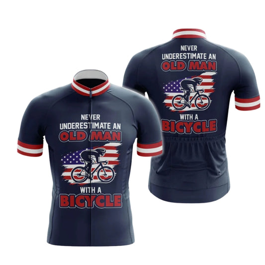 Never Underestimate An Old Man With A Bicycle USA Flag Cycling Jersey Short Sleeve For Men, Patriotic Funny Cycling Jerseys CG0749