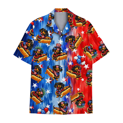 Funny Dachshund Hot Dog USA Flag Hawaiian Shirt Men Women, Dachshund Hawaiian Shirt For 4th Of July HE0540