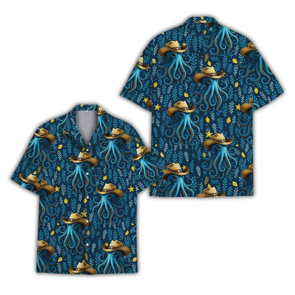 Octopus Cowboy Blue Hawaiian Shirt, Octopus Western Hawaiian Shirt HE0935