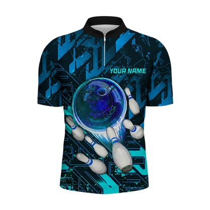Custom Team Cyan Black Bowling Jersey For Men, Custom Bowling Shirts BZ0474