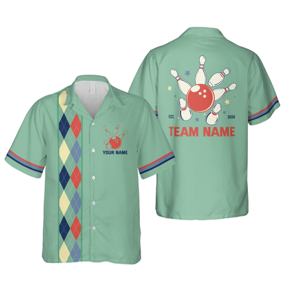 Custom Argyle Retro Pink Hawaiian Bowling Shirt Men And Women, Custom Team Retro Bowling Shirts BE0185