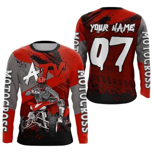 Personalized ATV Red Black Motocross Jersey Mens Long Sleeve, Custom ATV Dirt Bike Shirts MZ0118