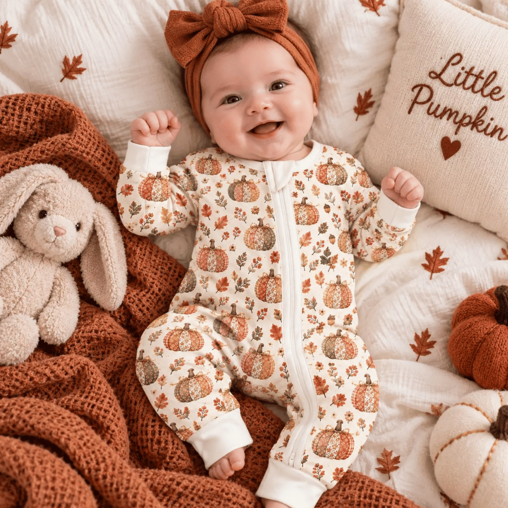 Pumpkin Patchwork Floral Baby Romper Convertible Zippy, Pumpkin Baby Convertible Romper For Thanksgiving BB0981
