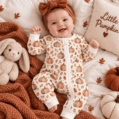 Pumpkin Patchwork Floral Baby Romper Convertible Zippy, Pumpkin Baby Convertible Romper For Thanksgiving BB0981