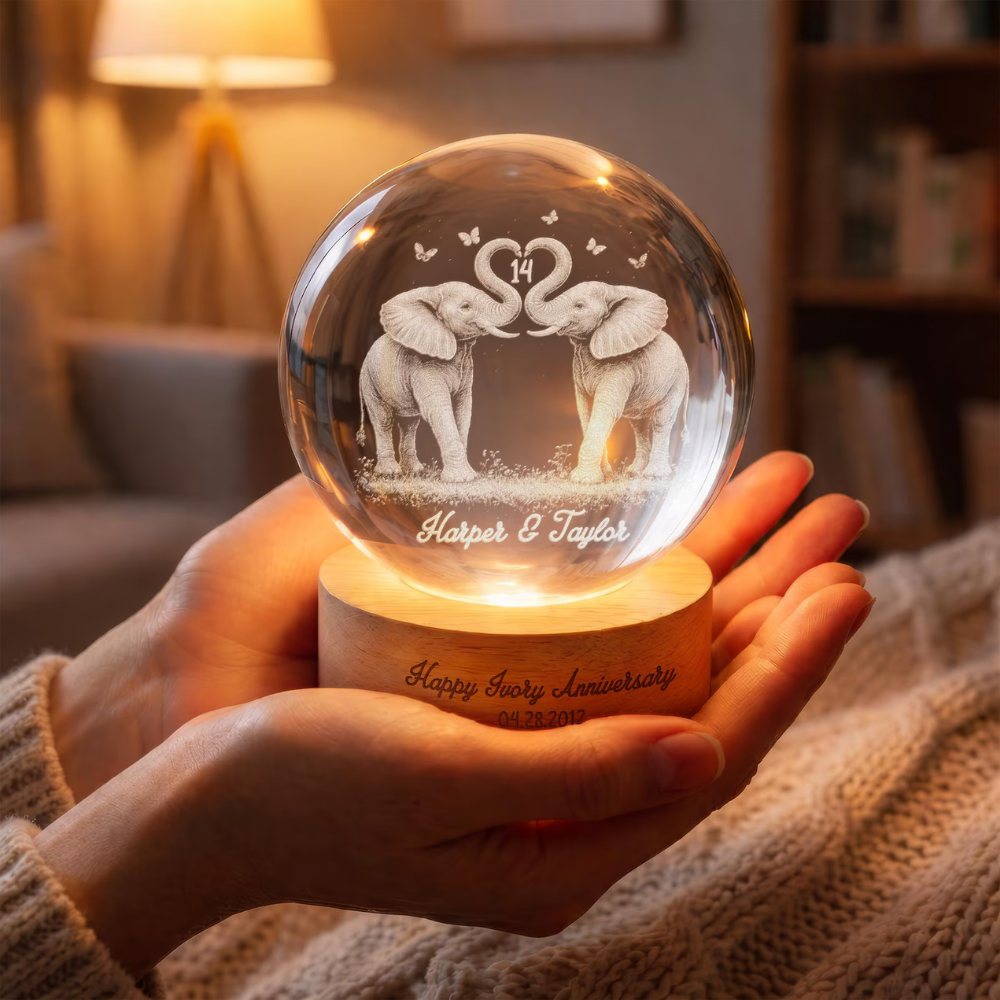 Happy Ivory Anniversary Custom Elephant Couple Crystal Ball Led Night Light, Custom 14 Years Wedding Keepsake Night Light WD0863