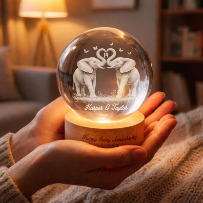 Happy Ivory Anniversary Custom Elephant Couple Crystal Ball Led Night Light, Custom 14 Years Wedding Keepsake Night Light WD0863