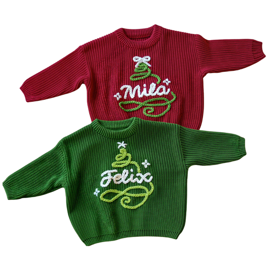 Christmas Tree Custom Name Baby Embroidered Knit Sweater, Custom Christmas Sweatshirt For Baby BB0793