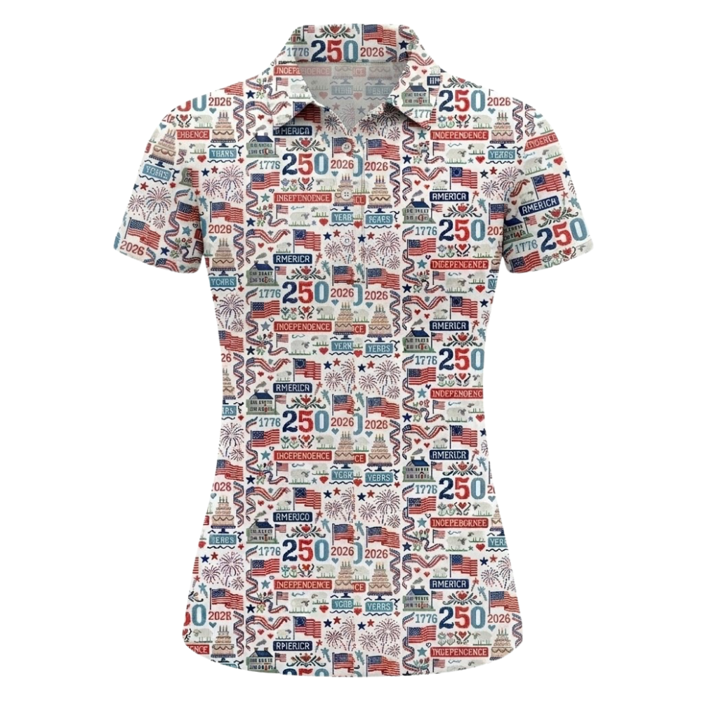 250th Anniversary Pattern White Red Blue Womens Golf Polo Shirt, 4th Of July Golf Shirt For Womens GZ0311