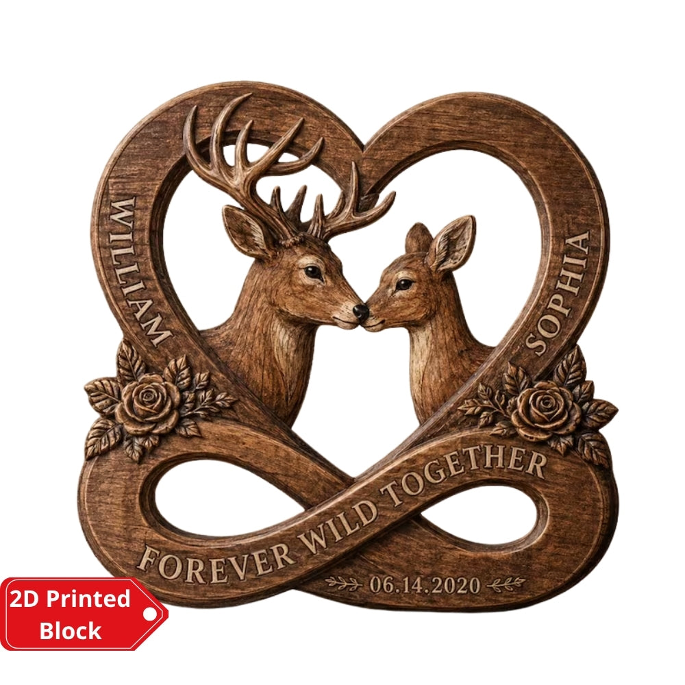 Deer Couple Custom Layer Wooden Plaque Forever Wild Together, Personalized Deer Wedding Keepsake Wooden Block WD0936