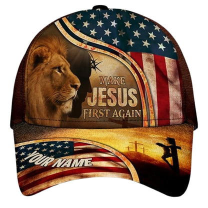 Make Jesus First Again Custom Lion American Flag Baseball Cap, Custom Lion Christian 3D Printed Hat CP0461