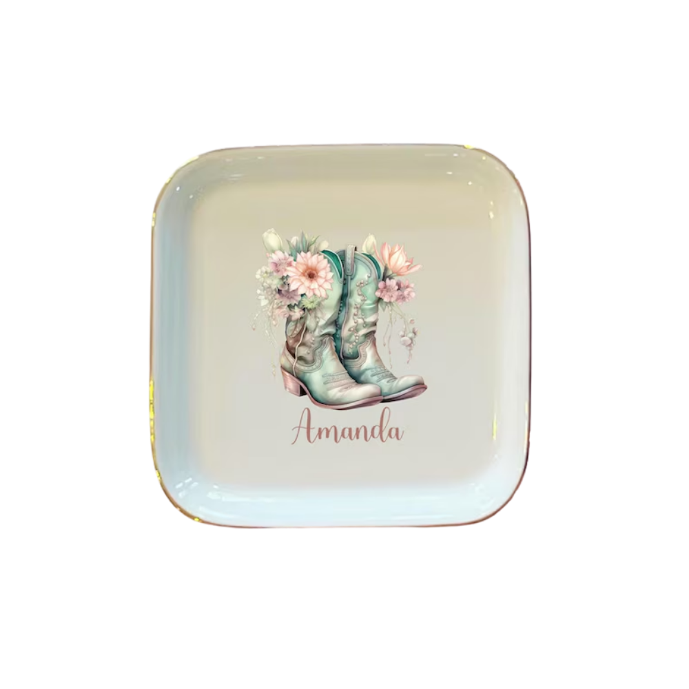 Boots Cowgirl Custom Wedding Ring Dish For Bride Bridesmaid, Custom Western Jewelry Dish WD0499