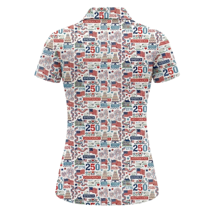 250th Anniversary Pattern White Red Blue Womens Golf Polo Shirt, 4th Of July Golf Shirt For Womens GZ0311