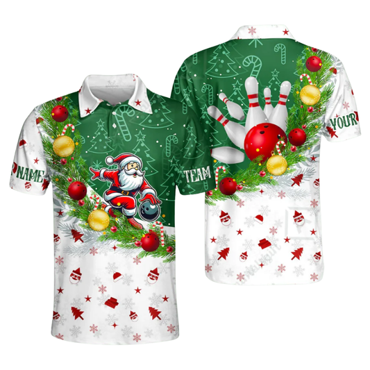 Custom Christmas Santa Men's Bowling Polo Shirt, Custom Christmas Bowling Team Shirts BZ0620