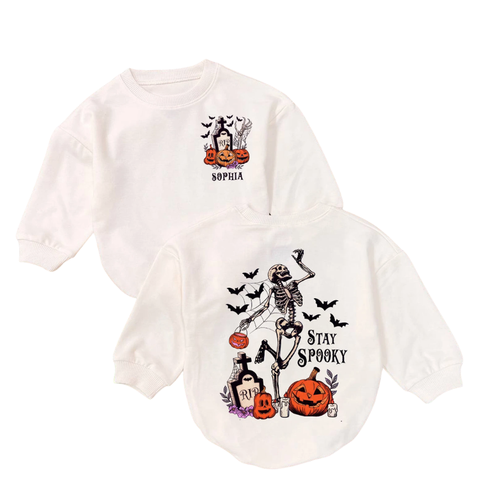 Custom Name Stay Spooky Skeleton Halloween Baby Romper Sweater, Personalized Halloween Baby Romper Sweatshirt BB0218