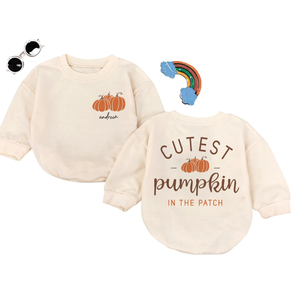 Custom Cutest Pumpkin in the Patch Baby Romper Sweatshirt, Custom Baby Funny Fall Autumn Romper Sweatshirt BB0091
