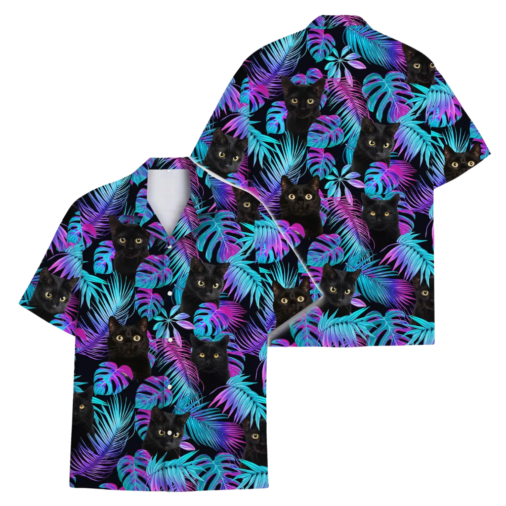 Black Cat Neon Tropical Hawaiian Shirt For Men Women, Black Cat Hawaiian Shirts HE0276