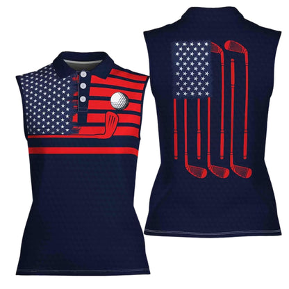 American Flag Women's Sleeveless Golf Shirt, Patriotic Golf Shirts For Women GE0268