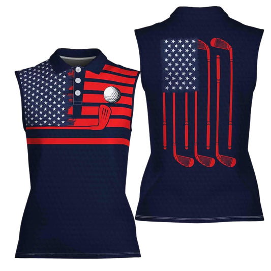 American Flag Women's Sleeveless Golf Shirt, Patriotic Golf Shirts For Women GE0268