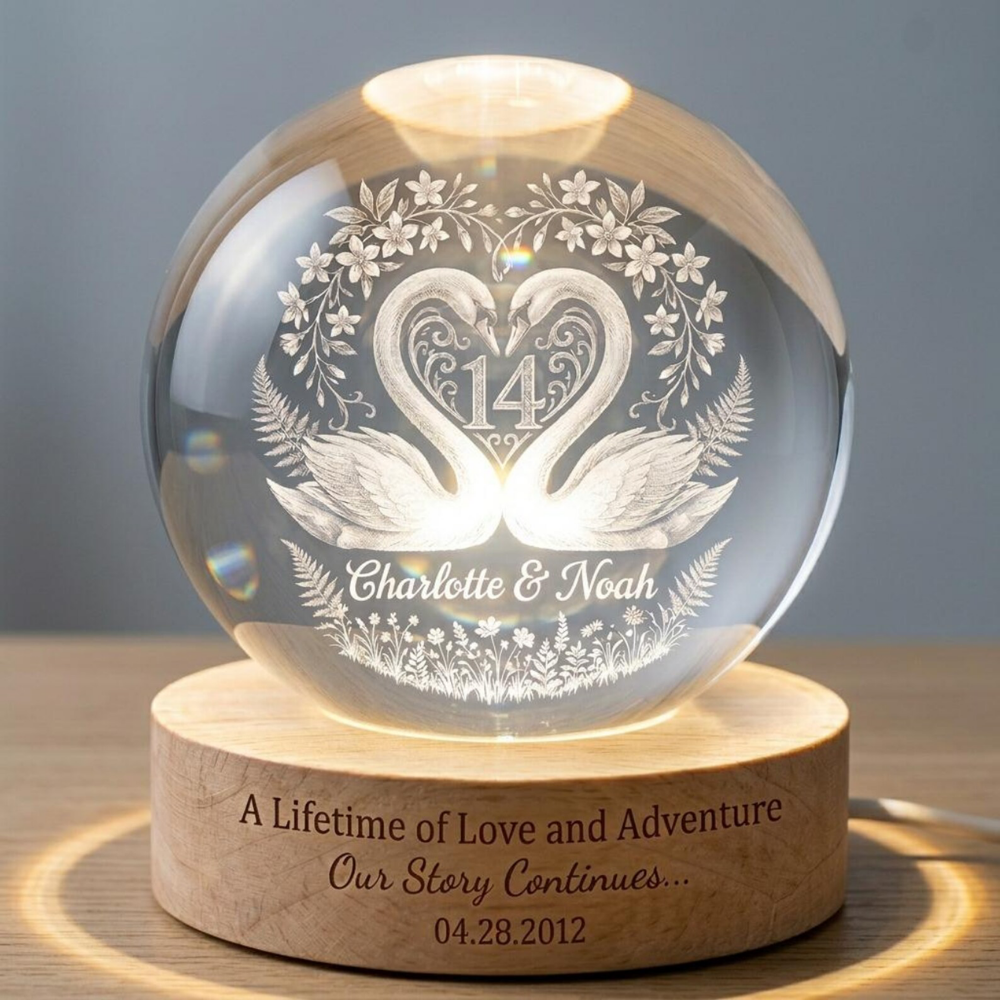 Custom Swan Couple 14th Wedding Anniversary Crystal Ball Led Night Light, Custom 14 Years Anniversary Night Light WD0864
