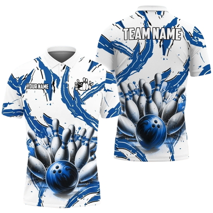 Custom Team White And Cyan Bowling Polo Shirt For Men, Custom Bowling Shirts BZ0751