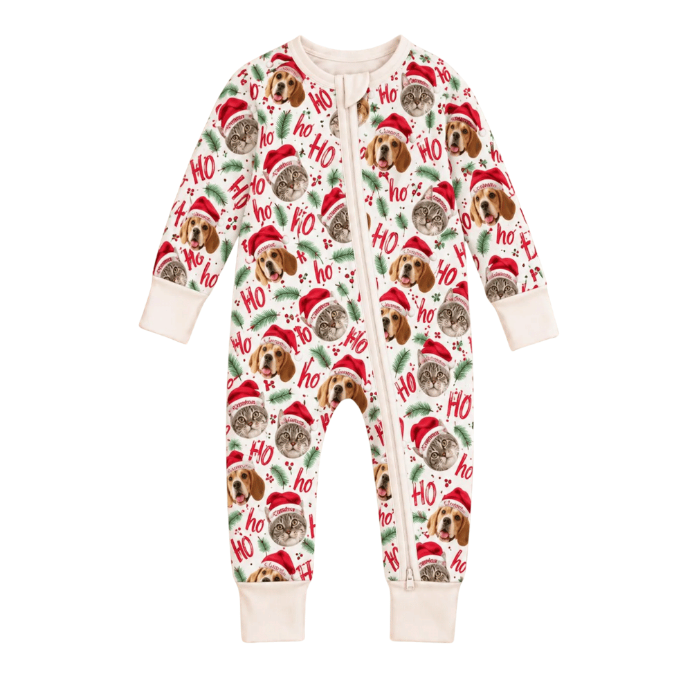 Custom Dog Cat Faces Christmas Baby Convertible Zippy Romper, Custom Pet Photo Xmas Convertible Romper For Baby BB0982