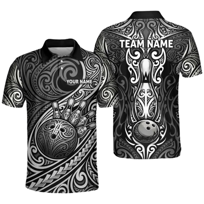 Custom Tribal Black Silver Bowling Polo Shirt For Men, Custom Tribal Bowling Team Shirt BZ0933