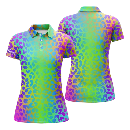 Neon Leopard Golf Women Polo Shirt, Colorful Leopard Golf Shirts For Ladies GE0433