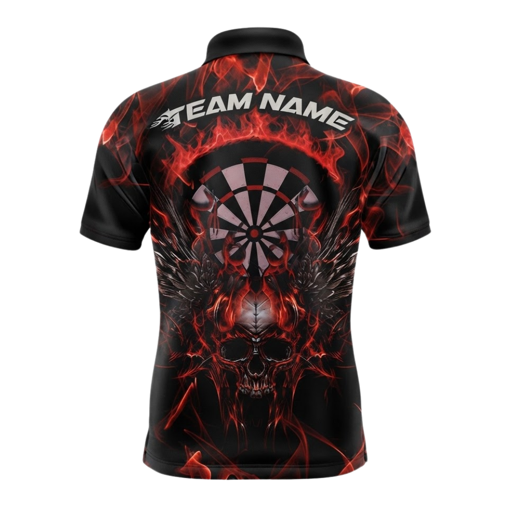 Custom Skull Red Flaming Dart Mens Polo Shirt, Custom Skull Dart Shirt For Team DZ0138
