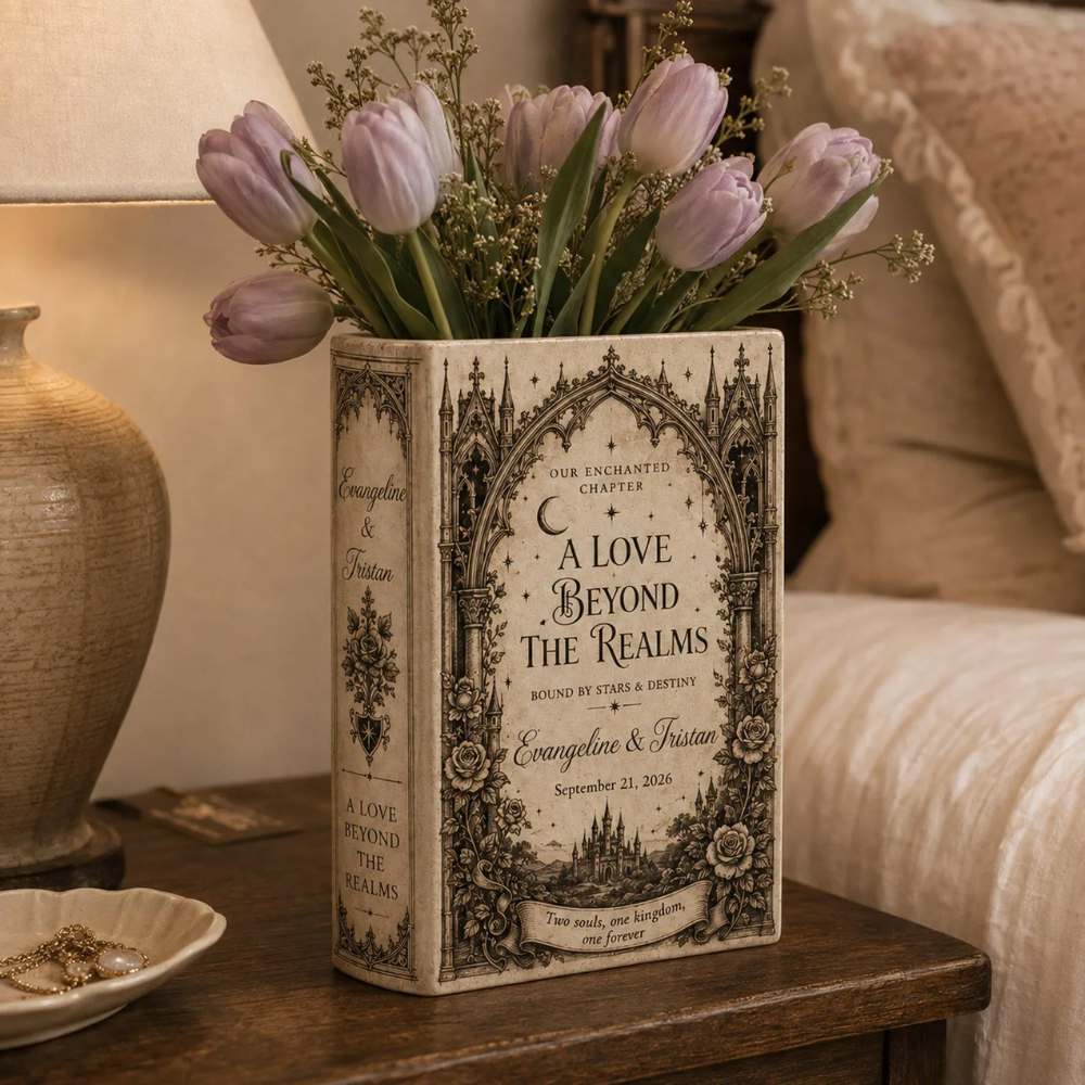 A Love Beyond The Realms Custom Fantasy Castle Wedding Ceramic Book Vase, Custom Gothic Wedding Book Vase WD0574