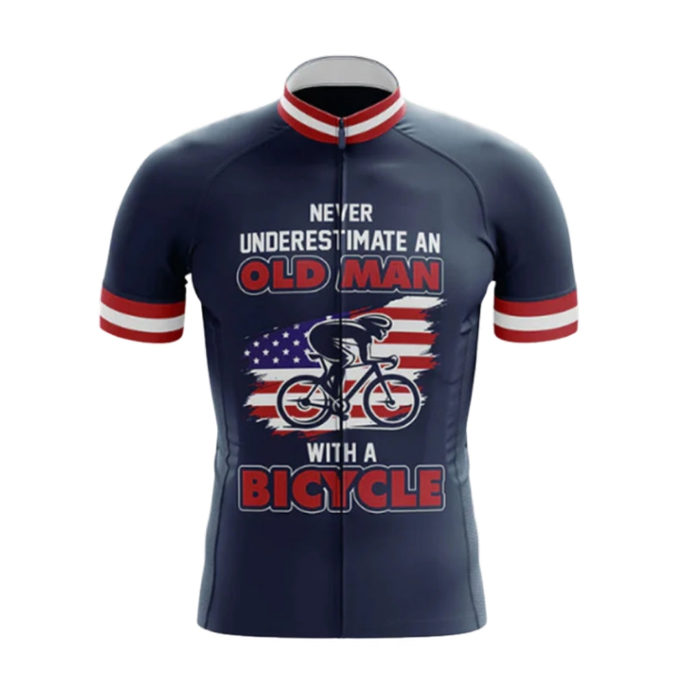 Never Underestimate An Old Man With A Bicycle USA Flag Cycling Jersey Short Sleeve For Men, Patriotic Funny Cycling Jerseys CG0749