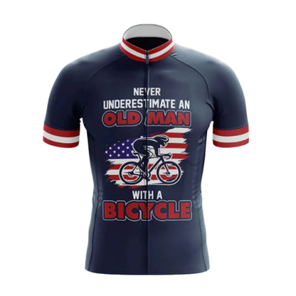 Never Underestimate An Old Man With A Bicycle USA Flag Cycling Jersey Short Sleeve For Men, Patriotic Funny Cycling Jerseys CG0749