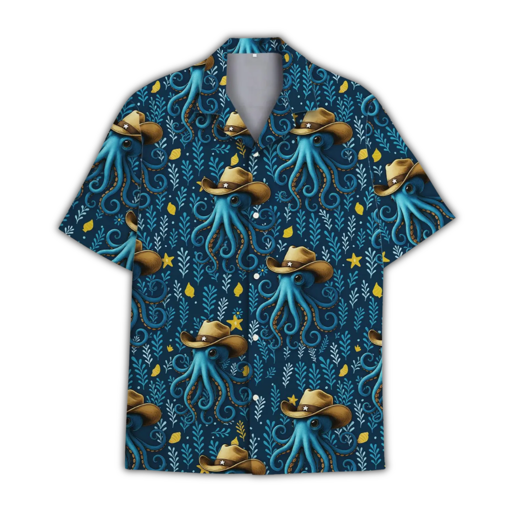 Octopus Cowboy Blue Hawaiian Shirt, Octopus Western Hawaiian Shirt HE0935