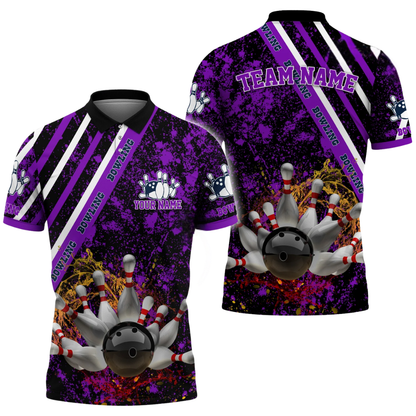 Custom Team Purple Splash Bowling Polo Shirt Mens, Custom Bowling Shirts BZ0648