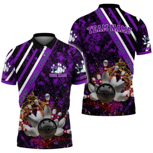 Custom Team Purple Splash Bowling Polo Shirt Mens, Custom Bowling Shirts BZ0648