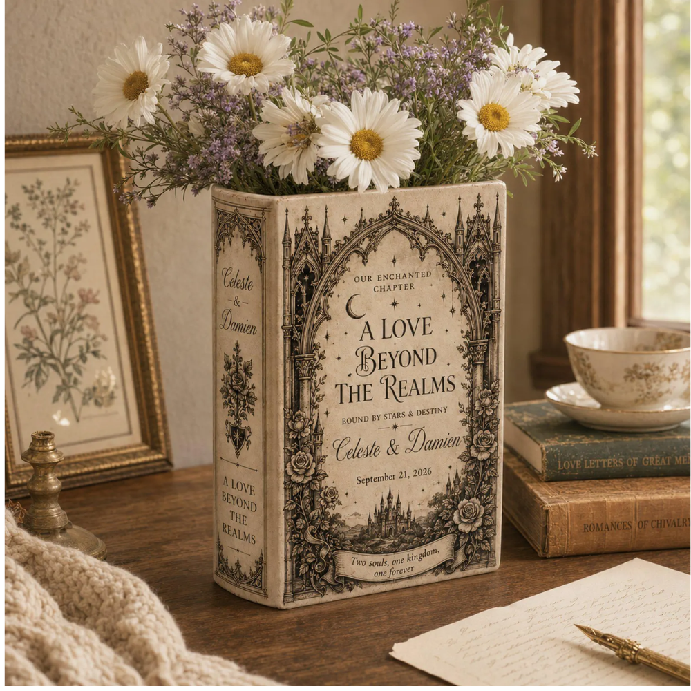 A Love Beyond The Realms Custom Fantasy Castle Wedding Ceramic Book Vase, Custom Gothic Wedding Book Vase WD0574
