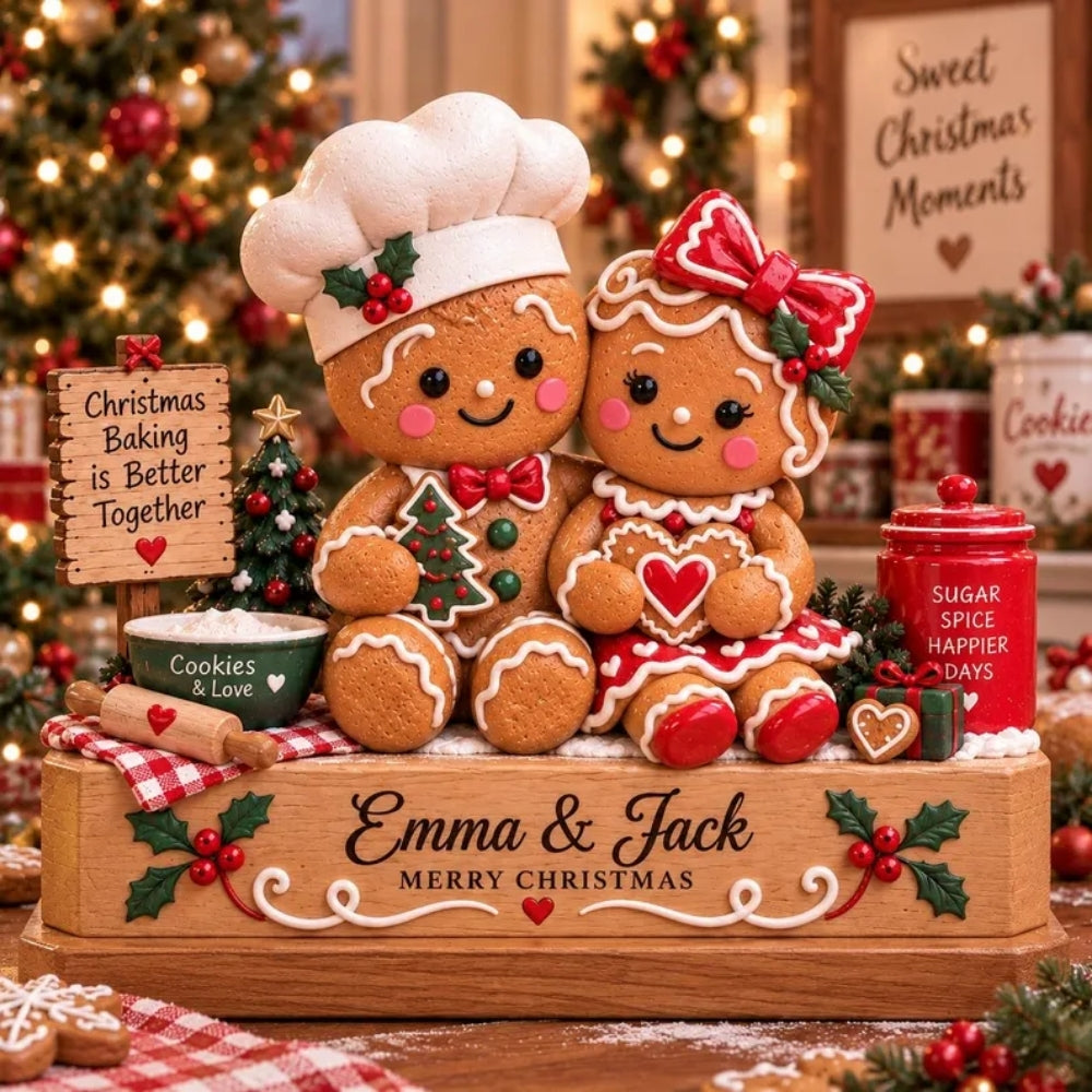Custom Gingerbread Couple Layer Wooden Plaque, Personalized Christmas Wedding Wooden Block WD0937