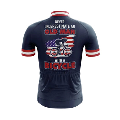 Never Underestimate An Old Man With A Bicycle USA Flag Cycling Jersey Short Sleeve For Men, Patriotic Funny Cycling Jerseys CG0749