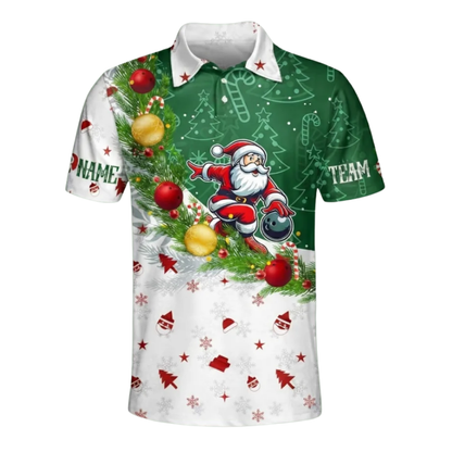 Custom Christmas Santa Men's Bowling Polo Shirt, Custom Christmas Bowling Team Shirts BZ0620