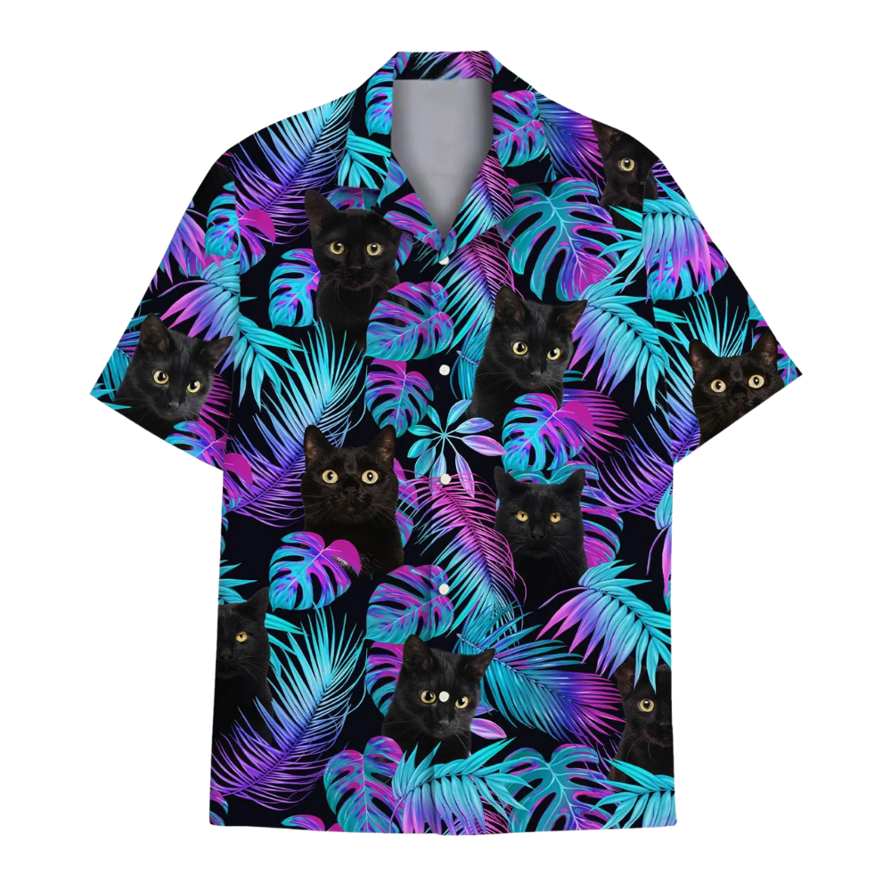 Black Cat Neon Tropical Hawaiian Shirt For Men Women, Black Cat Hawaiian Shirts HE0276
