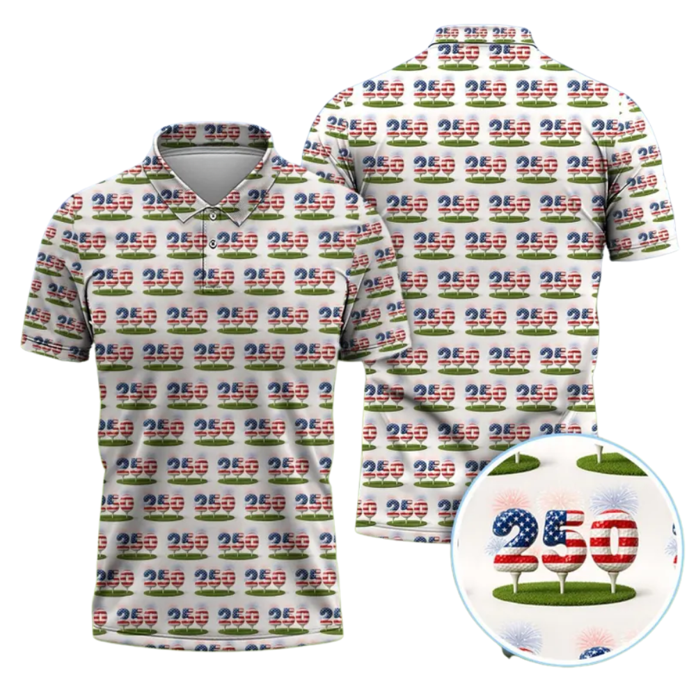 250 American Flag Pattern Golf Polo Shirt For Men, 4th Of July Semiquincentennial Golf Shirts GE0489