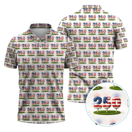 250 American Flag Pattern Golf Polo Shirt For Men, 4th Of July Semiquincentennial Golf Shirts GE0489