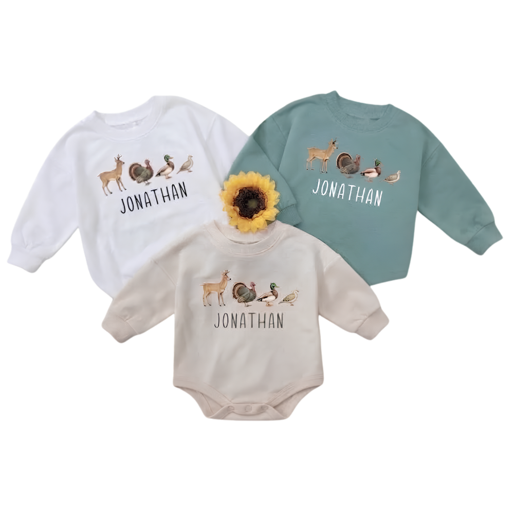 Deer Mallard Duck Turkey Custom Hunting Baby Romper Sweatshirt, Custom Wildlife Hunting Baby Sweater BB0851
