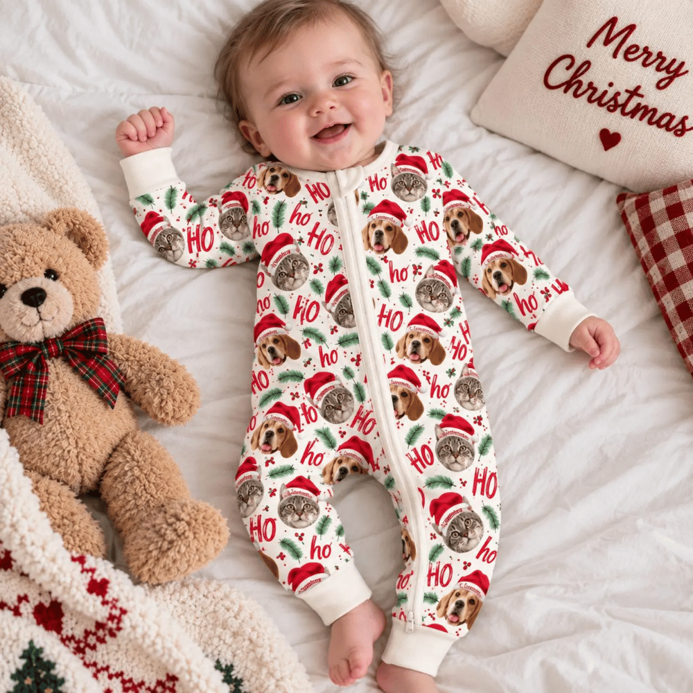 Custom Dog Cat Faces Christmas Baby Convertible Zippy Romper, Custom Pet Photo Xmas Convertible Romper For Baby BB0982