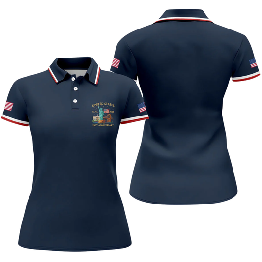 Womens Navy 250th Anniversary 1776-2026 Golf Polo Shirt, Fourth Of July Golf Shirts For Women GZ0312
