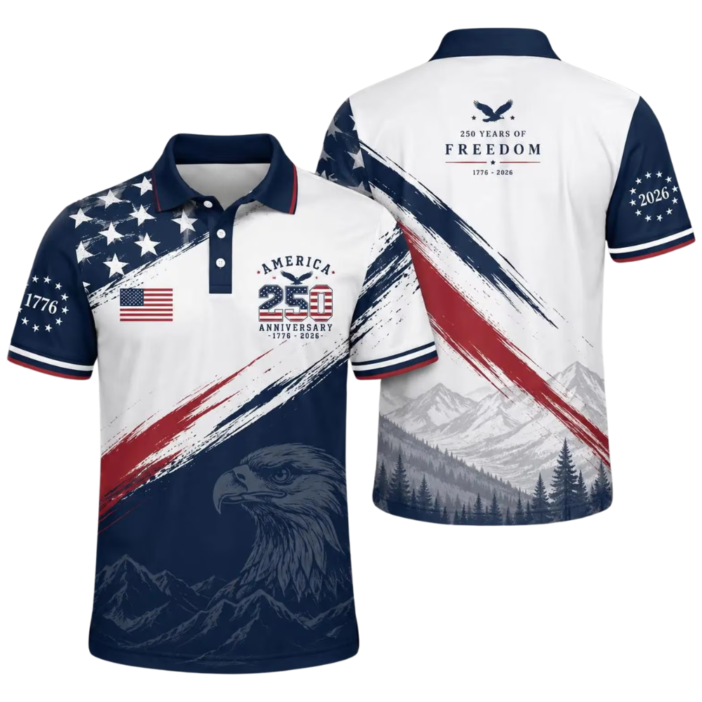 American Flag 250 Years Of Freedom 1776-2026 Men's Golf Polo Shirt, 4th Of July Golf Shirts GE0508