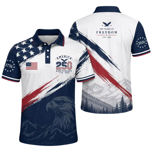 American Flag 250 Years Of Freedom 1776-2026 Men's Golf Polo Shirt, 4th Of July Golf Shirts GE0508
