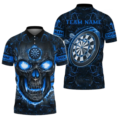 Custom Skull Magma Mens Dart Polo Shirt Black Blue, Custom Skull Darts Team Shirt DZ0139