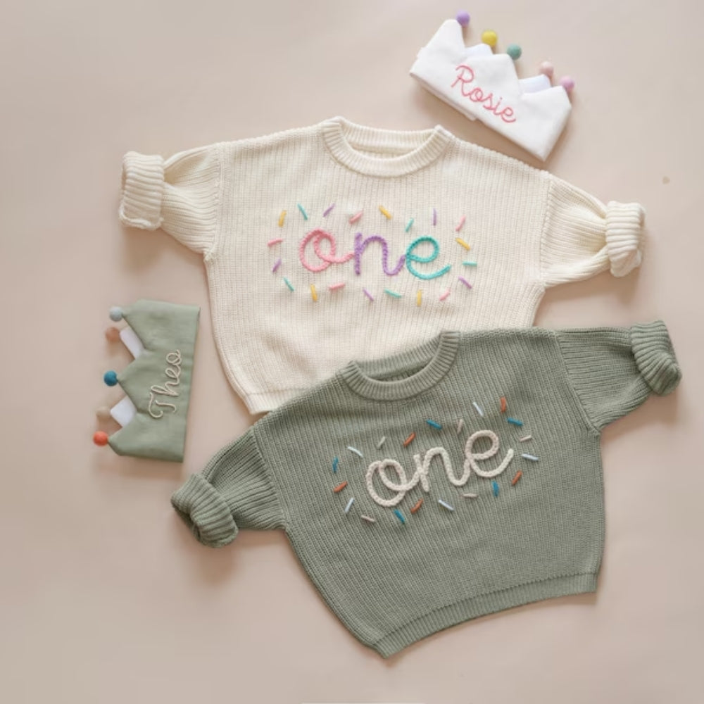 One 1st Birthday Baby Embroidered Knit Sweater, First Birthday Baby Sweatshirt BB0754
