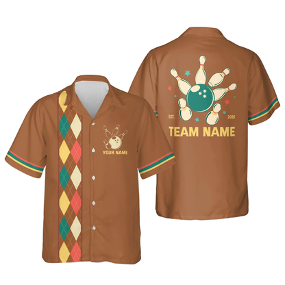 Custom Argyle Retro Pink Hawaiian Bowling Shirt Men And Women, Custom Team Retro Bowling Shirts BE0185